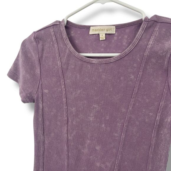 Madden Girl Purple fitted Dress Small ribbed Knit distressed acid wash short slv - Picture 3 of 7